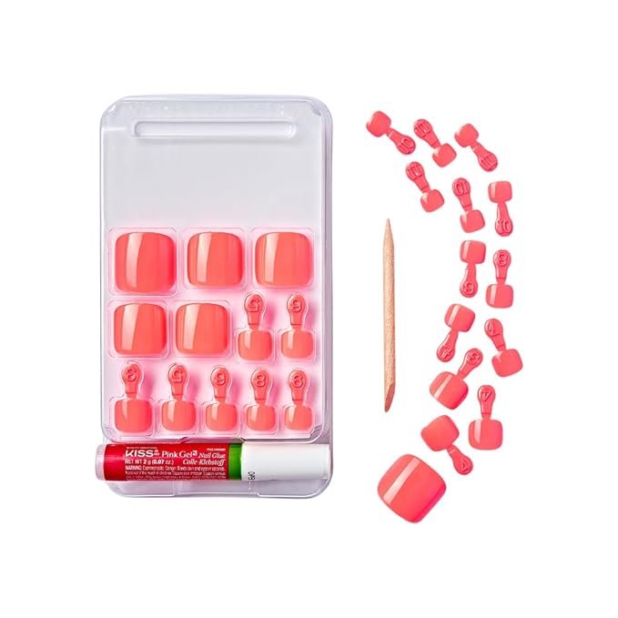 GoldFinger Press On Toenails Kit, High Pigment Orange Red Light Color Fake Toenail, Ready to Wear Gel & Manicure Stick, Mini Glue included, Long-Lasting Convenient & Easy to Apply