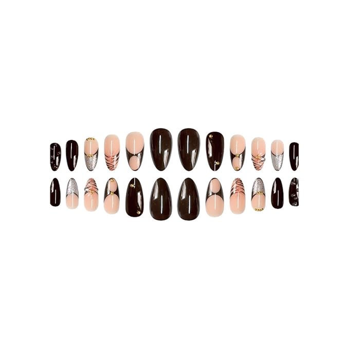 Long Press on Nails Almond Fake Nails Brown Acrylic Nail Press ons French with 3D Floral Designs Stick on Nail for Women 24pcs