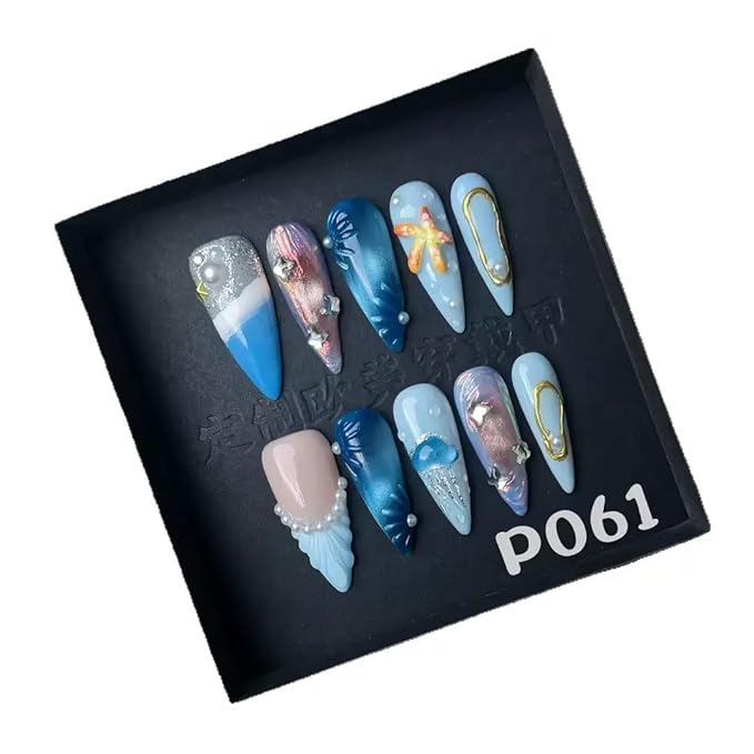 Press On Nails Long Stiletto Handmade Fake Nails with Starfish Design Ocean Glue on Nails Becah False Nails Ombre Blue Summer Handmade Nails Reusable Full Cover for Women Girls Manicure 10PCS Size M