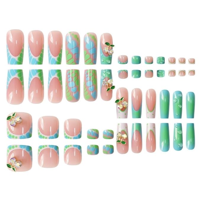 48Pcs Ombre Green French Tips Press on Toenails Long Square Press on Nails Gradient Blue False Nails with 3D Cherry Charm Design Glossy Skin Tones Summer Fake Toenails Kit for Women Girls Manicure