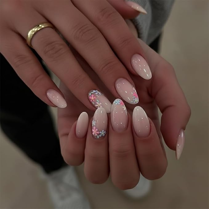 Press on Nails Almond Painted Flowers French Fake French Fake Nails Reusable Nail Kit with Glue Adhesive Tabs Mini Nail File for Women Manicure Nail Art Decoration 24PCS