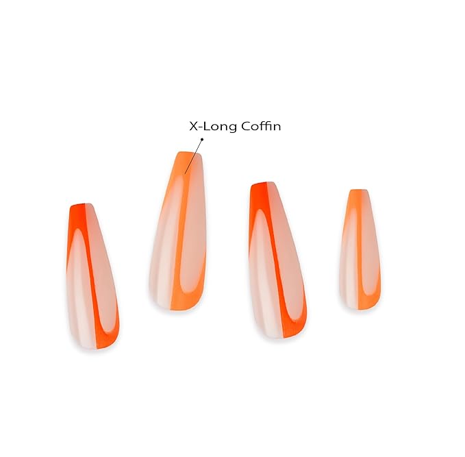 Goldfinger Trendy False Nails Kit, X-Long Coffin Design Nail, Minimal Tropical Orange & Yellow Print, Ready to Wear Gel & Manicure Stick Included, Long-Lasting Convenient & Easy to Apply