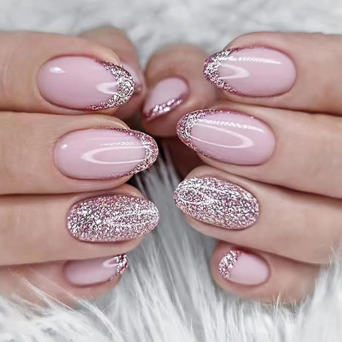 Pink Glitter French Press on Nails Short Almond fake Nails Pink false Nails Full Cover Glitter French Glossy Reusable Artificial Acrylic Nails for Women and Girls DIY Manicure Decoration 24Pcs