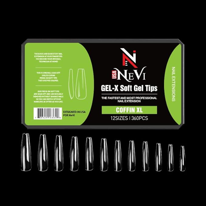 Nail Gel-X Natural Coffin X-Large Tips Set - NeVi USA Premium Quality, 360 Tips in 12 Sizes - Complete DIY Nail Extension Kit | No Size 00 Included #10&11 are in the same section #10