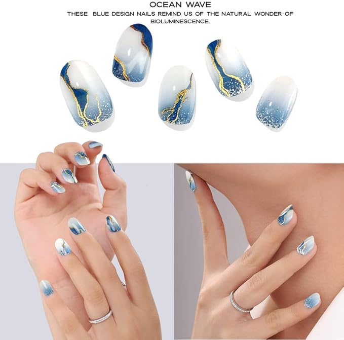 Semi-Cured Gel Nail Strips - 20 Salon-Quality Gel Sticker with UV Light Required, Long Lasting, Easy Application & Removal, Includes Prep Pad, Nail File, Wooden Stick (Blue Oceanwave)