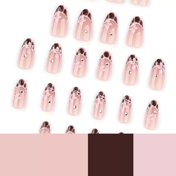 Short Press on Nails Almond - Brown French Fake Nails with Flower Crack Design - Fall False Nails Full Cover Stick on Press ons - for Women Manicure 24 Pcs
