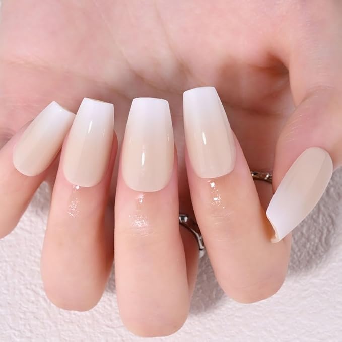 Khaki White Ombre Glossy Press on Nails Coffin Acrylic Fake Nails Stylish Design, Natural Reusable Nails Kit for Women DIY False Nail Art Decoration Gift, Salon Quality Reusable 15/30 Pcs