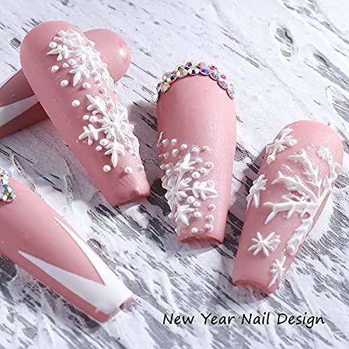 CHARMARK Snowflake Nail Art Stickers, 4 Sheets (White, Snowflake Pattern, Matte Finish, 5D Embossed, Romantic & Classic Style, Plastic Material, Indoor Use, Winter Theme)