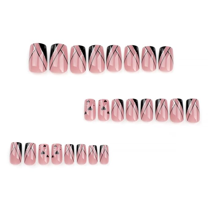 24Pcs Black French Tip Press on Nails Short Pink Fake Nails Square Shaped Heart Gold Glitter French Lines Designs Full Cover Glue on Nails Artificial Acrylic False Nails for Women Manicure Decoration