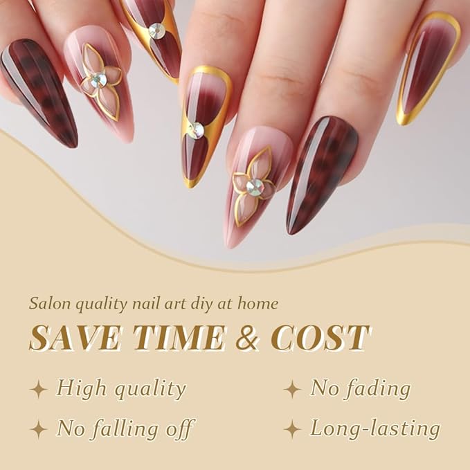 evpct Handmade Press on Nails Medium Almond, Mauve Artificial French Tip Fake Nails Kit with Gold Line & 3D Flower & Rhinestones Design, Stick on Nails with Nail Kit, 24Pcs Reusable Stick on Nail Kit