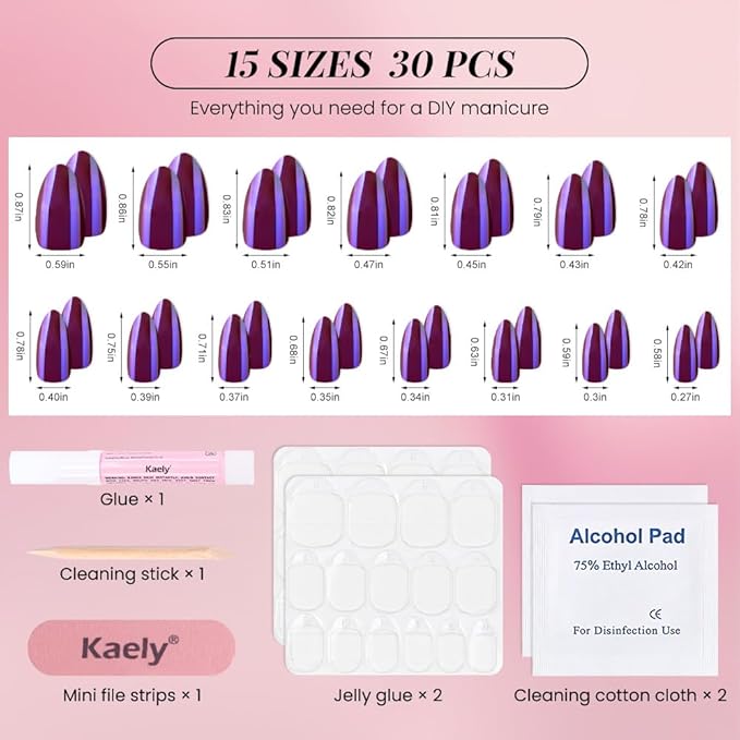 evpct Dark Purple Press on Nails Almond Short, Dark Purple Chrome Glazed Glossy Short Almond Soft Gel Press On Nails with Nail Kit for Women Gift, 15 Sizes 30Pcs Reusable Stick Acrylic Fake Nail Kit