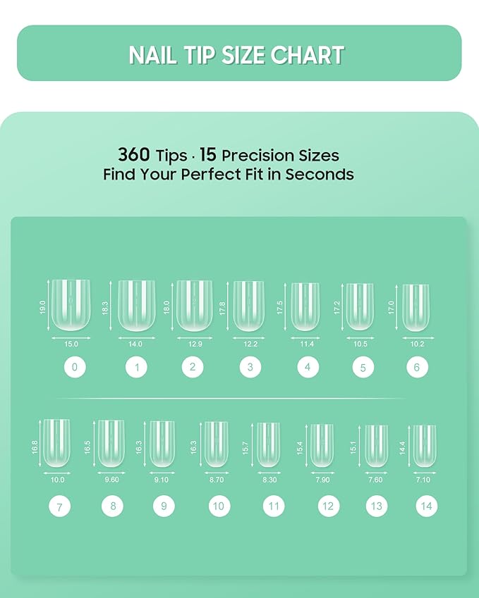 Extra Thick Short Square Nail Tips, Natural Curve Strong Clear Pre-etched Press on Nail Gel Extension, Full Cover False Nail Tipsfor Acrylic French Salon DIY 15 Sizes 360 pcs