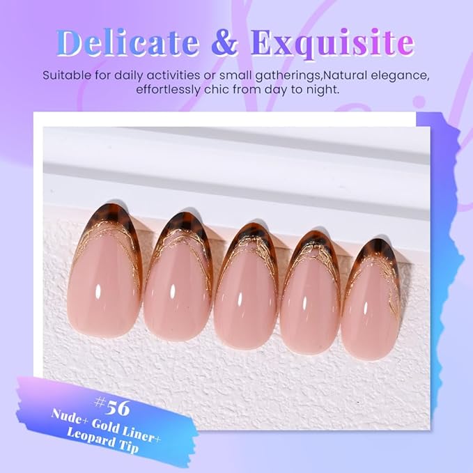 evpct Nude Glitter Press on Nails Short Almond with 3D Gold Line, Sexy French Tip Stick on Nail for Women, Reusable Full Cover Soft Gel Press on Fake Nail with Gold Line Design Perfectly Fit