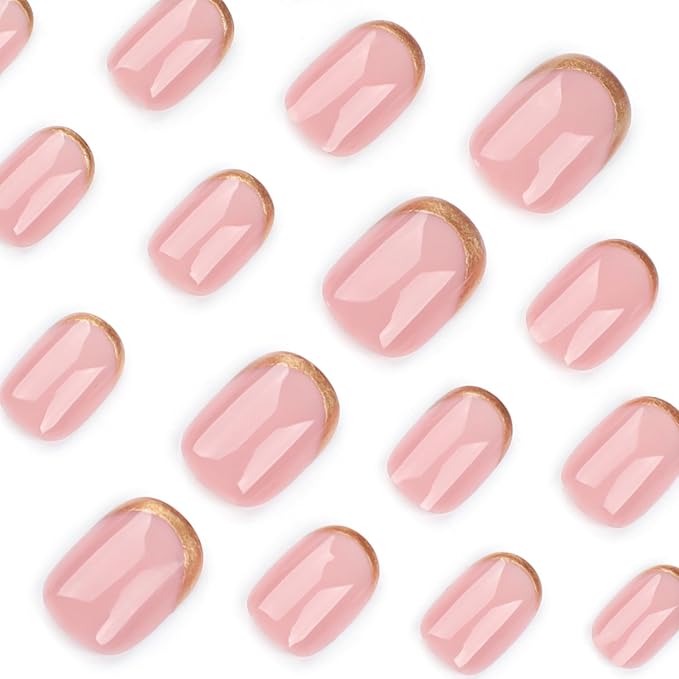 Nude Press on Nails Short Oval MABKJLF Fake Nails Natural Nails False Nails with Gold Glitter Designs Solid Colour Full Cover Glossy Glue on Nails Acrylic Nails for Women Girls 24 Pcs