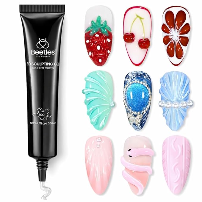 Beetles 3D Gel Nail Art Design, 3 in 1 Sculpting Gel Clear No Wipe Nail Polish Rhinestone Nail Art Glue for Nail Gems Diamond Jewelry Manicure