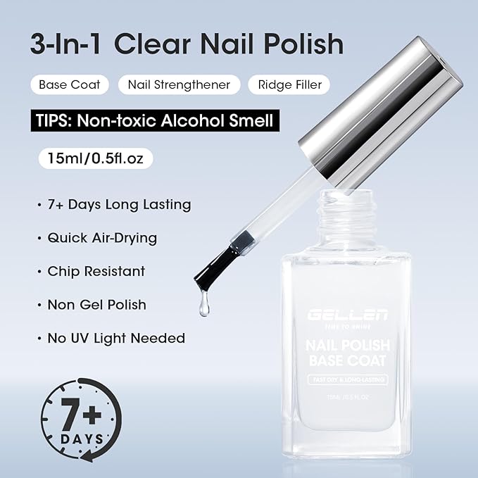 GELLEN Clear Nail Polish Base Coat, Quick Air Dry Calcium-Formula Regular Nail Polish Strengthens Nails, Anti-yellowing, Not UV Gel, TPO & HEMA Free, Non-toxic, No Chip, Long Lasting