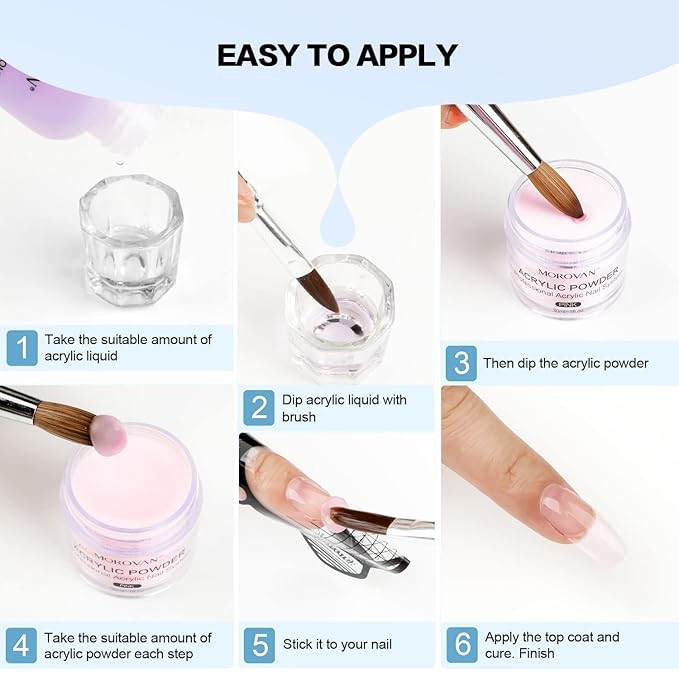 Morovan Acrylic Nail Kit: Clear Pink White Powder and Professional Liquid Set for Nail Extension - DIY at Home With Brush for Beginners