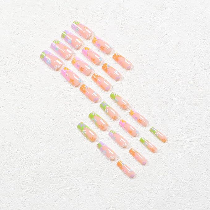 24Pcs Colorful French Tip Press on Nails Long Square Fake Nails Color Summer Daisy Full Cover Design Glue On Nails Coffin Shape False Nails Flowers Acrylic Press Ons for Women Manicure Art