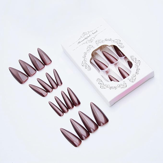 MISUD Press on Nails - Long Stiletto Fake Nails, Acrylic Fall Brown Cat Eye Design 24 pcs