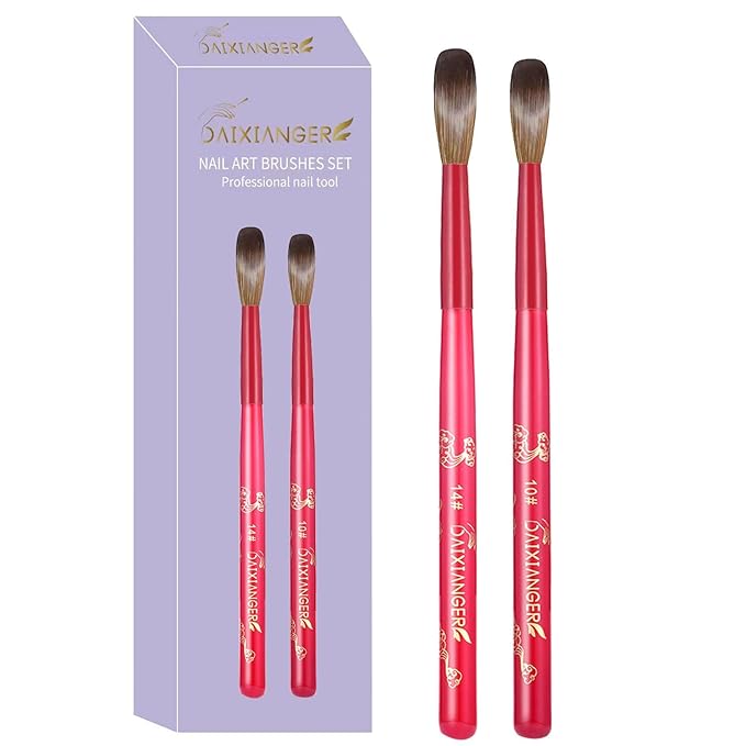 2Pcs New Year Acrylic Nail Art Brush Set -Size 10/14, Red Handle Nail Brushes for Acrylic Application Powder & Nail Extension, 3D Nail Carving Tools for DIY Home Salon Manicure