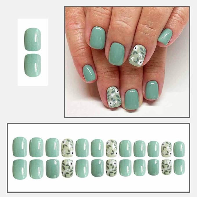 Press on Nails Square Short Fake Nails Press ons Nail Tips Artificial Acrylic Kit Full Cover False Nails with White Jasmine Glossy Simple Designs Stick on Nails for Women 24Pcs