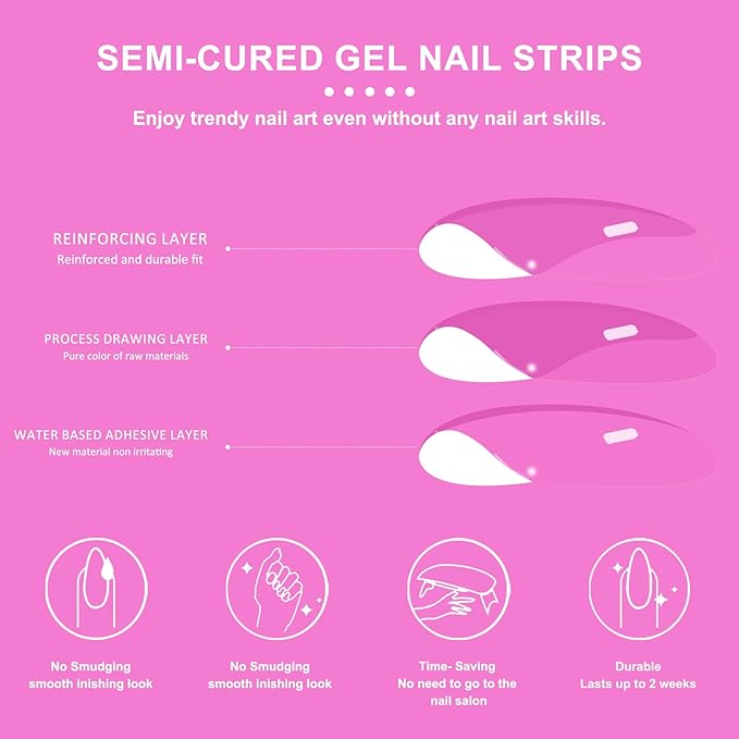 SILPECWEE Semi Cured Gel Nail Strips, Toenails Stickers Full Nail Wraps UV Light Required, Salon Quality, Easy to Apply & Remove, Toenail Strips for Women Girl (Vibrant Magenta - 32PCS)