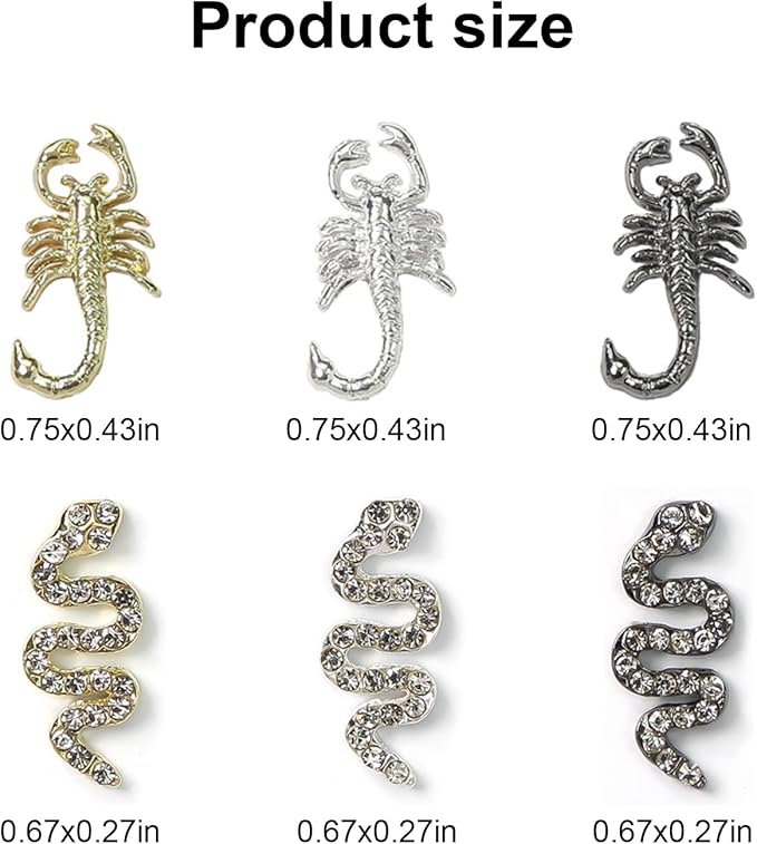 Scorpion Nail Charms and Snake Nail Charms 18Pcs 3D Gold Silver Black Alloy Nail Rhinestones Accessories for Acrylic Nails Scorpion Snake Nail Jewelry Decorations for Women Manicure Craft Supplies