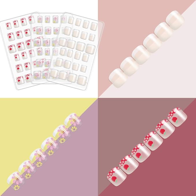Allstarry 120pcs 5 pack French Children Nails Press on Pre-glue Full Cover Short French False Nail Kits Lovely Gift for Children Little Girls Nail Art Decoration (Flower Series)