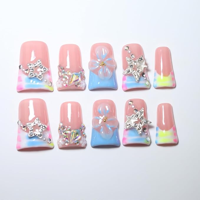 10Pcs Duck-shaped Handmade Press On Nails | French Style with 3D Floral & Rhinestone Decor | Easy to Apply, Remove & Reusable, Salon - Quality (251205, M)