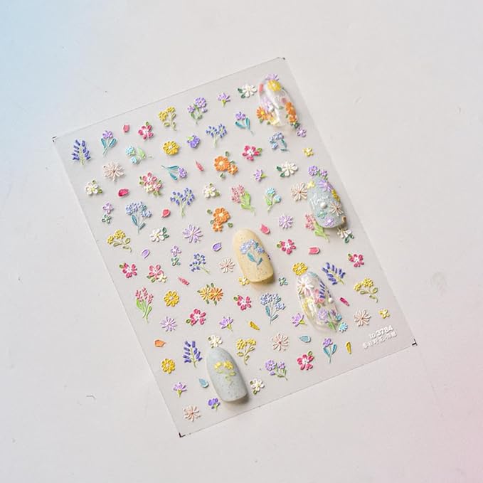 Flower Nail Stickers Colorful Plant Nail Decals Floral Nail Decals with Design 5D Embossed Self Adhesive Spring Summer Nail Charms for Women Girls Kid Manicure Supply Decoration Accessories