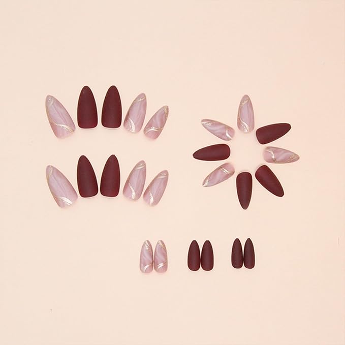 Almond Press on Nails Medium Fake Nails with Designs Marble Texture False Nails Press ons Reddish Brown Matte Glue on Nail Acrylic Full Cover Nail Artificial Stick on Nails for Women 24PCS