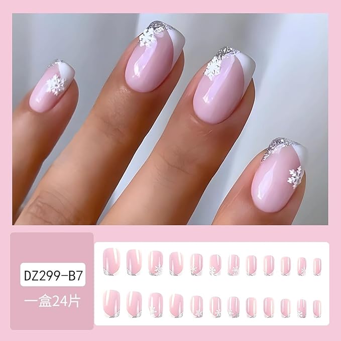 Christmas Press on Nails Medium Square Fake Nail with White Snowflake Designs White Silver French Tip Xmas False Nails Pink Full Cover Winter Stick on Nail for Women 24 Pcs