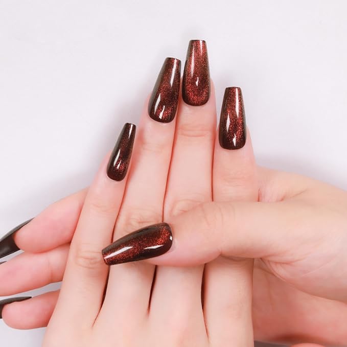 Press On Nails - Dark Maroon | Dark Red Glitter Velvet, Medium Coffin Squared With Cat Eye Design for Women and Girls, 24 Pcs Reusable Red Fake Nails