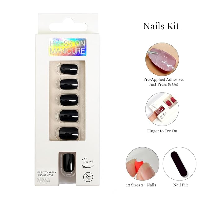 Black Gothic Press On Nails Short - No Glue Square Acrylic Fake Nails, Chip-Free Breathable Fit with Nail File for Beginners, 24 Nails in 12 Sizes