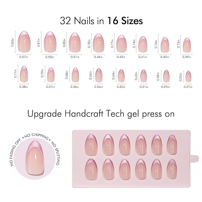 VSALON Press On Nails Short Almond, Hot Pink French Tip Glitter Nails, Salon Quality Opaque Soft Gel Fake Nails Kit - 32 PCS Stick on Nails in 16 Sizes with Glue & Cuticle Oil
