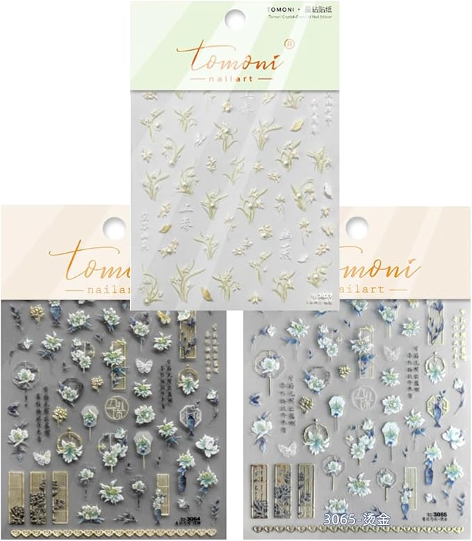 Antique Flower Nail Art Stickers 5D Nail Decals Self Adhsive Chinese Porcelain Style Orchid Flowers Sticker for Women Girls DIY Nails Manicure Salon (Flower)