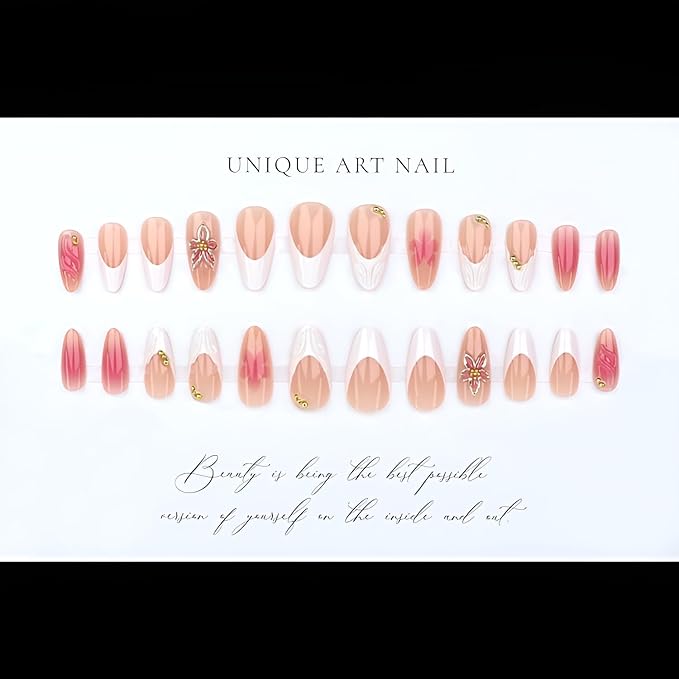 White French Tip Press on Nails Medium Almond Fake Nails Flower Glue on Nails with Gold Rhinestones Design Glossy Nails Press Ons Gradient False Nails French Tip Stick on Nails for Women 24Pcs