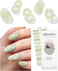 JMEOWIO Gel Nail Stickers White Flower Light Green Semi Cured Gel Nail Strips Wraps UV/LED Nails Art Design Decoration Accessories