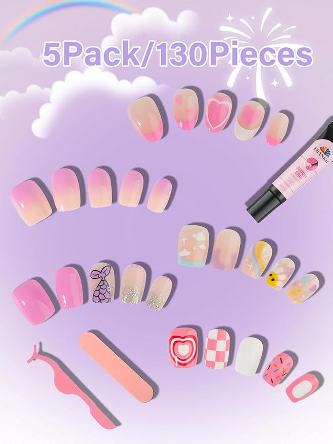 130 Pieces Press on Nails for Kids, EBANKU 5 Pack Kid Fake Nail Kit Old Cute Flower Mermaid Heart Press on Nails for Girls 8-12 Years with Jelly Nail Adhesives & Nail Builder Glue