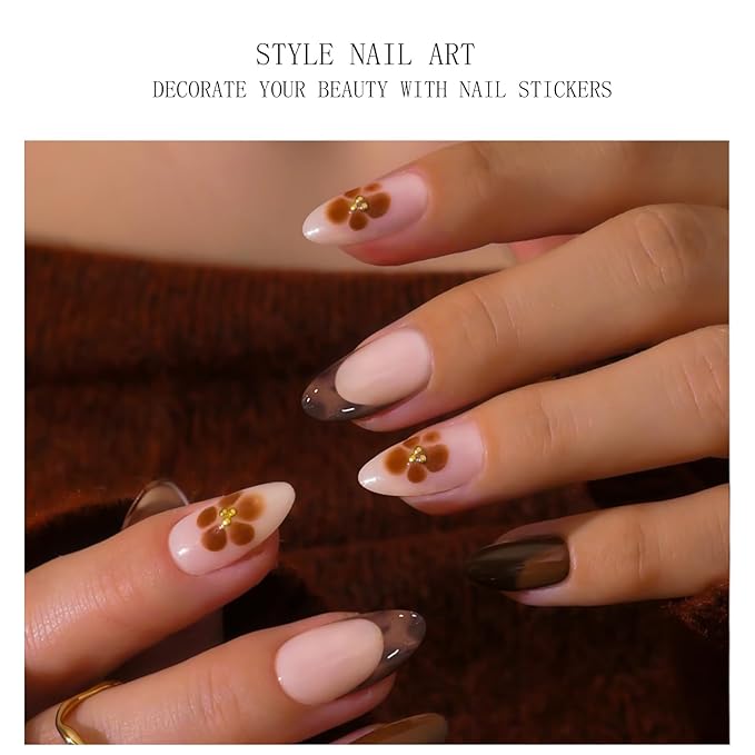 JMEOWIO Gel Nail Stickers Coffee Flower French Tip Semi Cured Gel Nail Strips Wraps UV/LED Nails Art Design Decoration Accessories