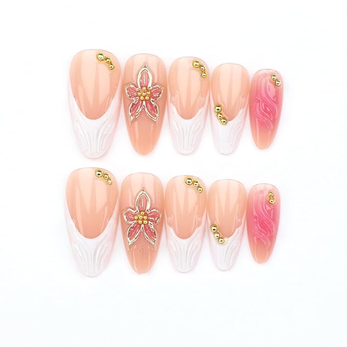 Press on Nails Medium Almond Flower Acrylic Kit Fake Nails,3D Texture Gilded Floral Gold Bead, White French False Nails, Artificial Glue on Nails Stick on Nail for Women