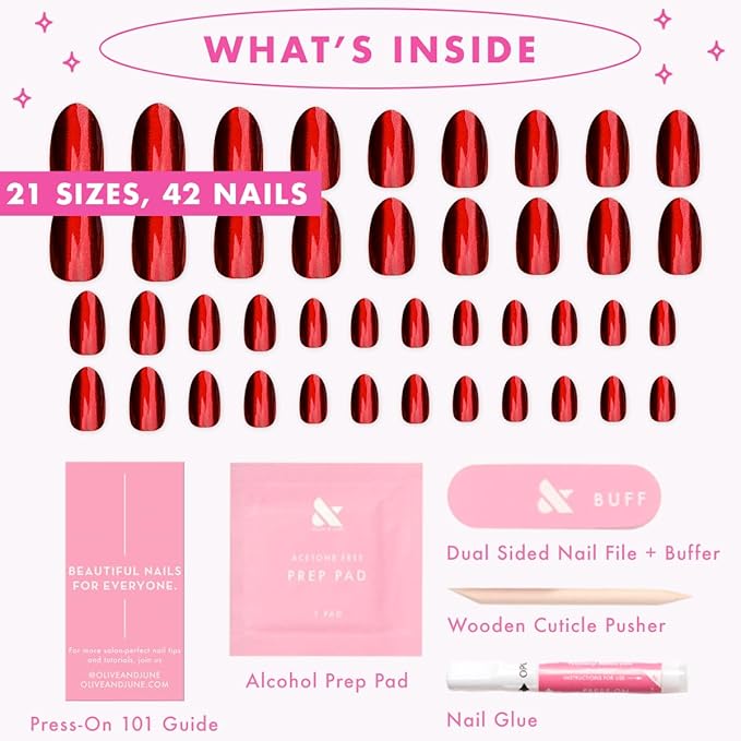 Olive & June Instant Mani Press-On Nails (Glue) | 42 Fake Nails, 21 Sizes | Non-Toxic, Long-Lasting Recycled Materials Realistic Look | Salon-Quality at Home | Medium, Oval | Obsessed Velvet