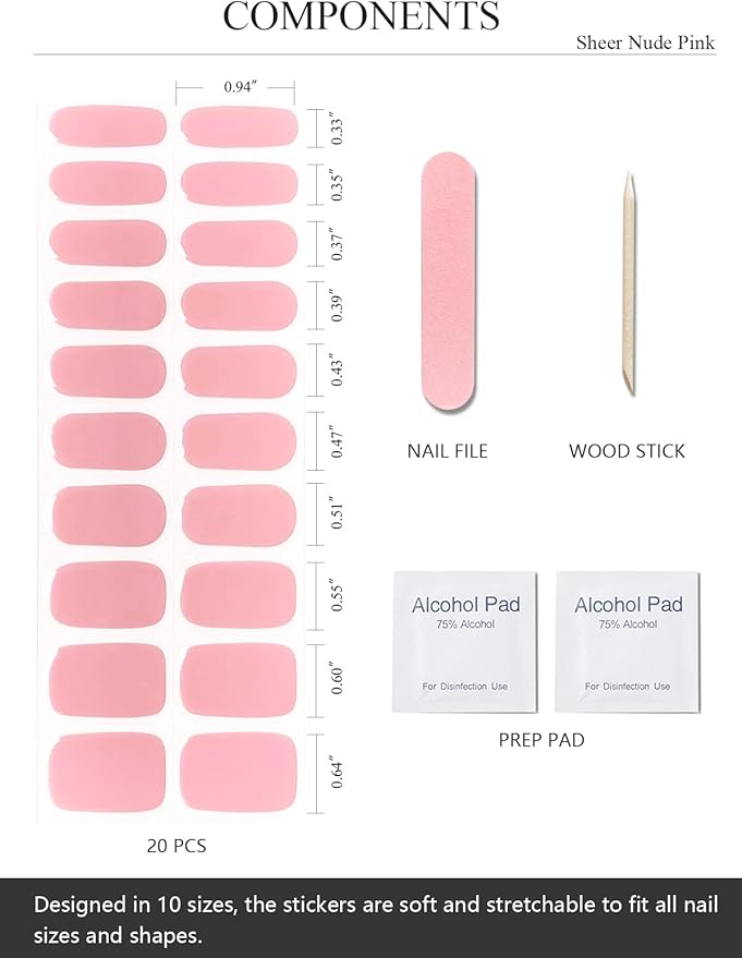 Semi Cured Gel Nail Strips (Sheer Nude Pink), Solid, 20 Pcs Gel Nail Wraps, Stickers, Salon Quality, Long Lasting, Works with Any UV Lamps