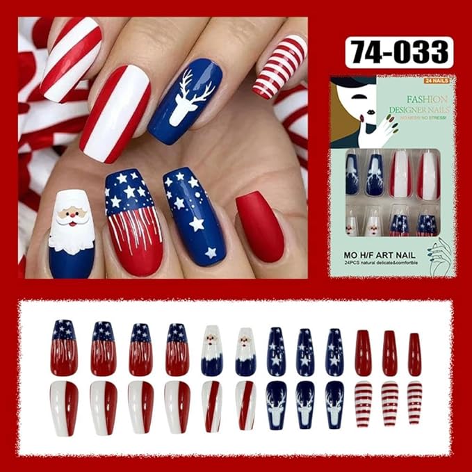 Independence Day Press on Nails Medium Coffin Fake Nails with Red White Striped Design Blue Santa Claus False Nails Elk Glue on Nail Glossy Summer 4th of July Christmas Nail for Women Manicure 24Pcs