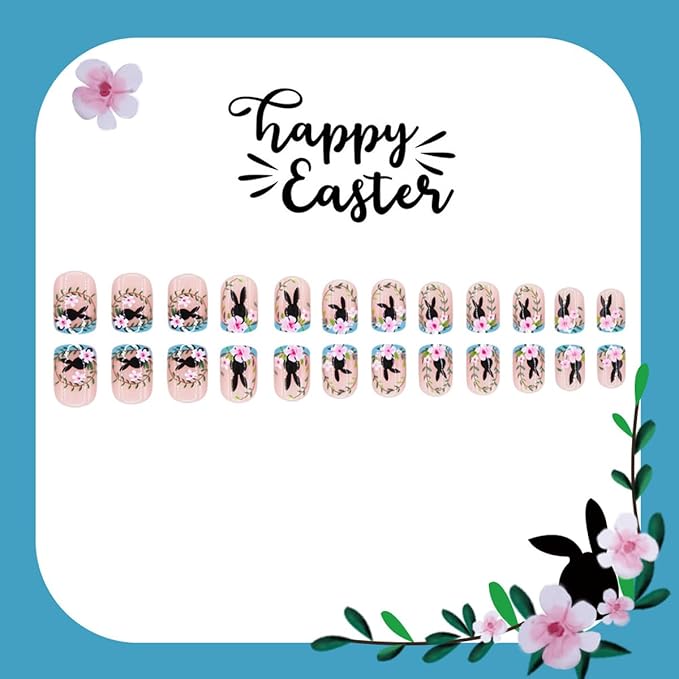 Easter Press on Nails - Short Square Fake Nails with Black Rabbit | Pink Flower Designs False Nails Press ons Reusable Full Cover Stick on Nails Easter Nails for Women Manicure 24Pcs