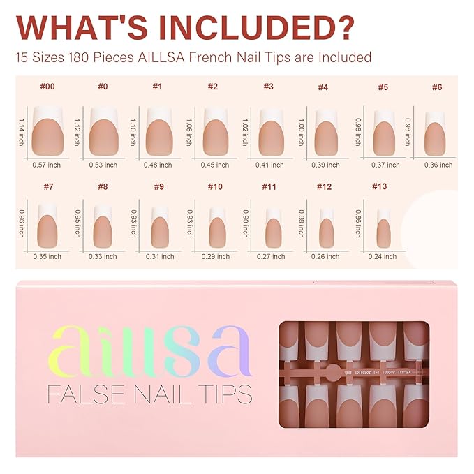 AILLSA French Gel Nail Tips, 180 Pcs Brown French Tip Press On Nail Long Square, Pre-Applied Primer & Base Coat No Need File, Soft Nail Tips Square, Fake Nails with Designs DIY for Women Gift 15 Sizes