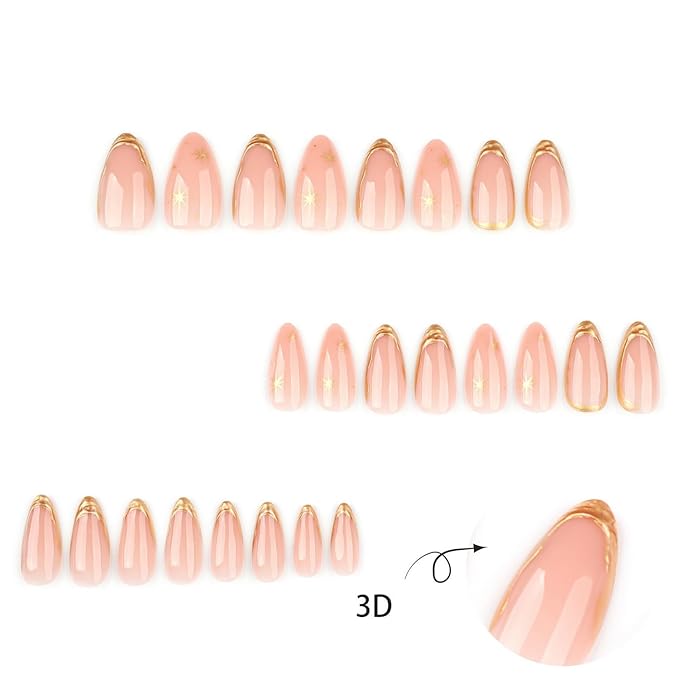 3D Press on Nails Medium Almond MABKJLF Gold French Tip Fake Nails False Nails with Stars Designs Nude Glossy Glue on Nails Full Cover Glossy Glue on Nails Acrylic Nails for Women Girls 24Pcs