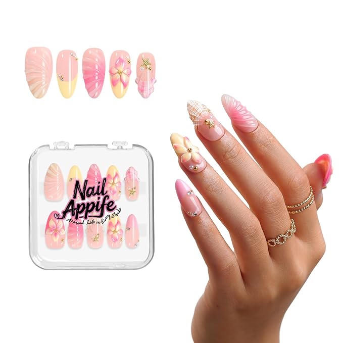 Press On Nails Handmade Acrylic Sweet Pink 10pcs Set, Jelly French Floral Blooming Nail Design with 3D Shell Texture, Starfish Charms & Pearl Details, Birthday Vacation Holiday Tips - Appife