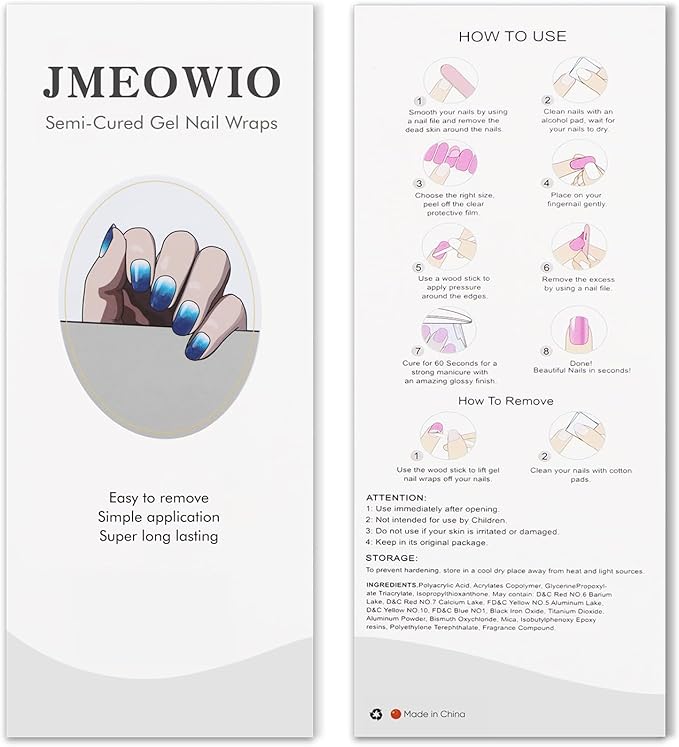 JMEOWIO Gel Nail Stickers Blue Gradient Cat Eye Semi Cured Gel Nail Strips Wraps UV/LED Nails Art Design Decoration Accessories