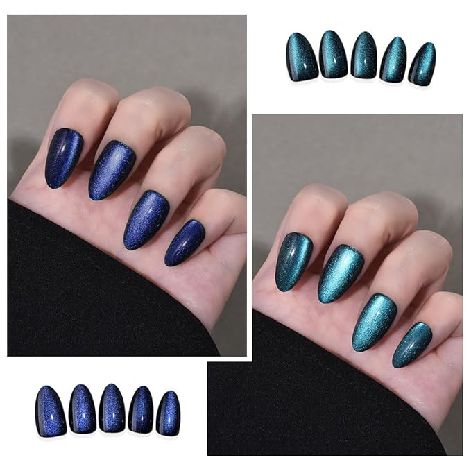 Cat Eye Press on Nails Short Almond, Sapphire Blue & Royal Blue Press on Nails Almond, Fashion Gel Fake Nails, Reusable Acrylic Fake Nails, Glossy Stick on Nails for Women, Glue on Nails Kit.